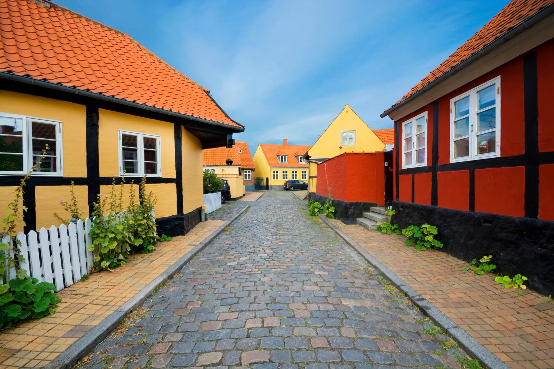 Traditional colorful half-timbered houses in Ronne, Bornholm, Denmark