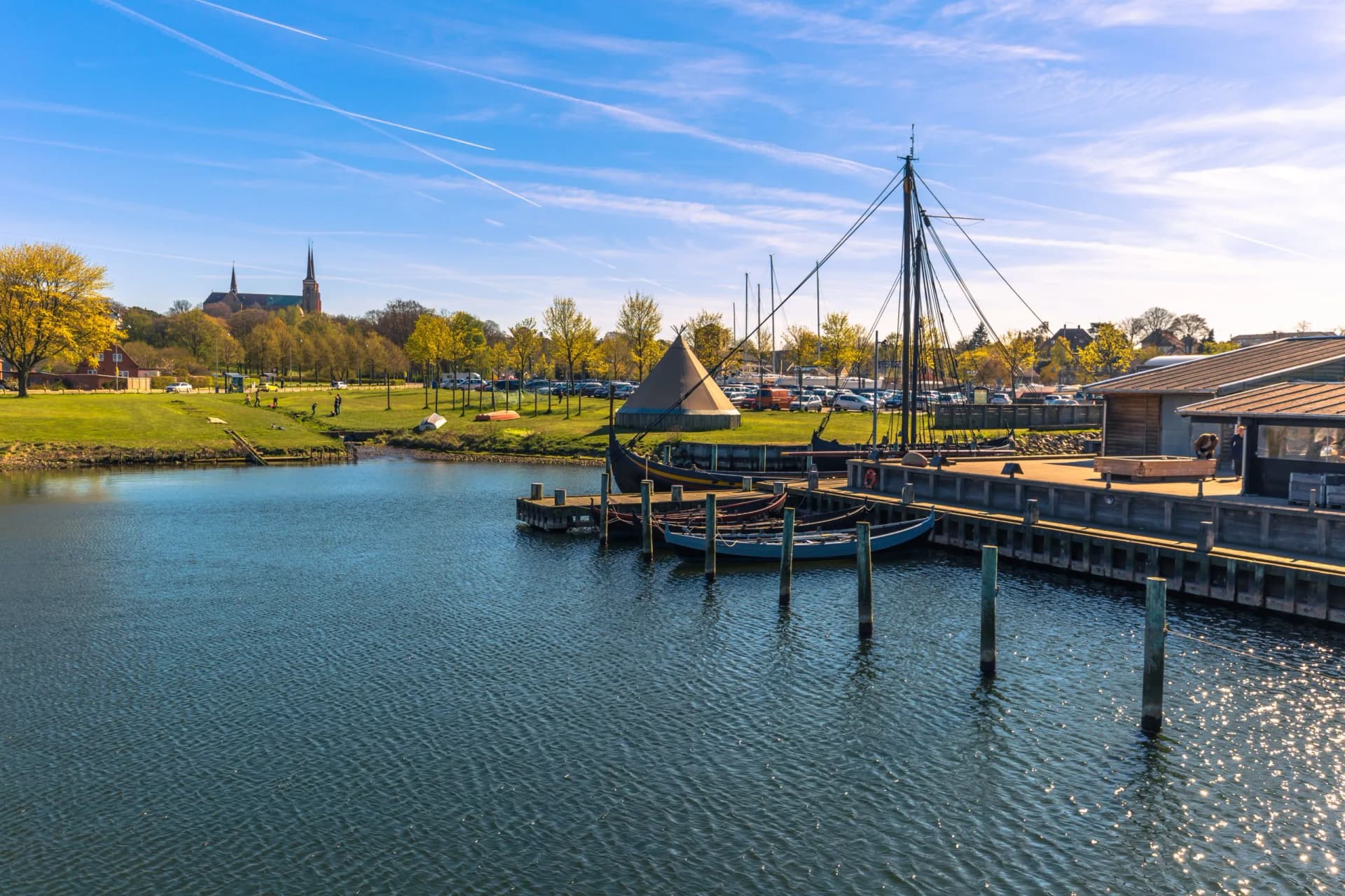Roskilde, Denmark - May 01, 2017: Viking long boats in the harbor of Roskilde