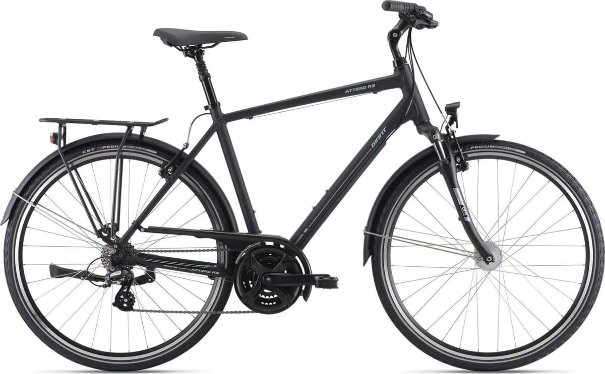 Matte black Giant Attend RS hybrid bicycle with rear rack and fenders on a white background.