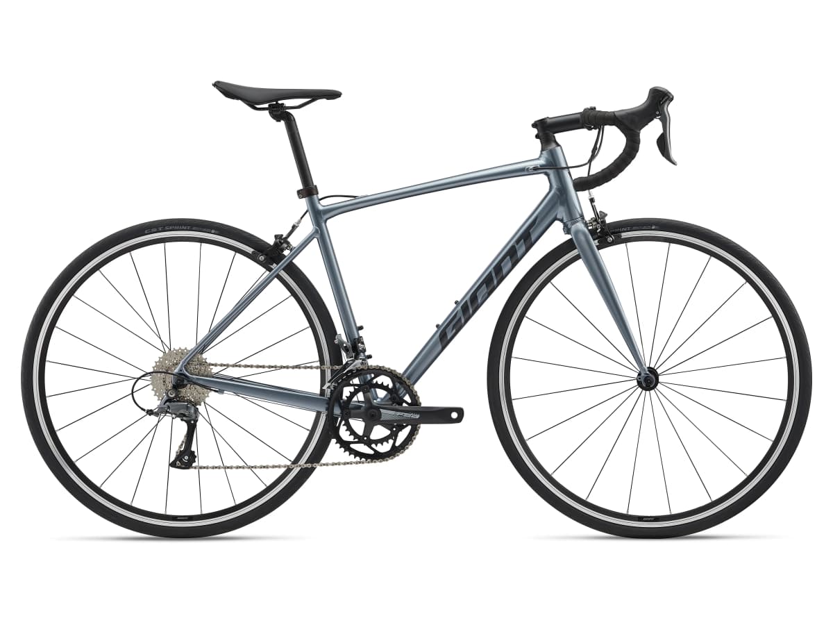 Giant Contend 3 road bike in metallic grey with black components on a white background.