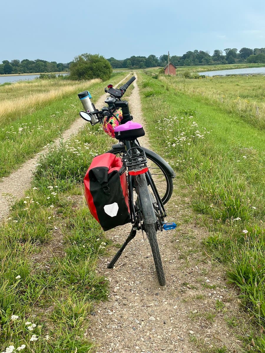 Bicycle with red pannier bag parked on a dirt path through grassy fields and lakeshore