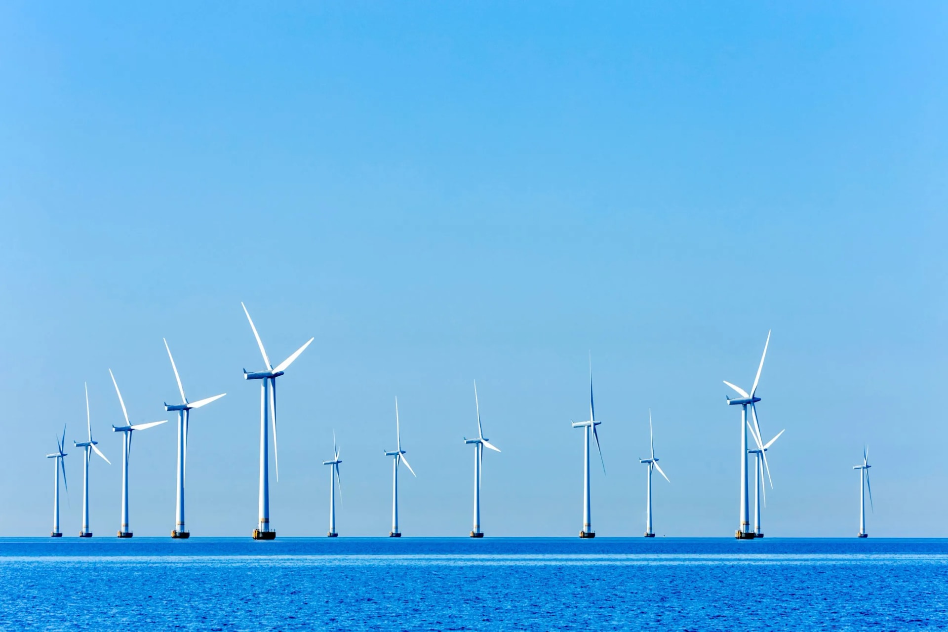 Offshore wind turbines on the coast of Copenhagen in Denmark