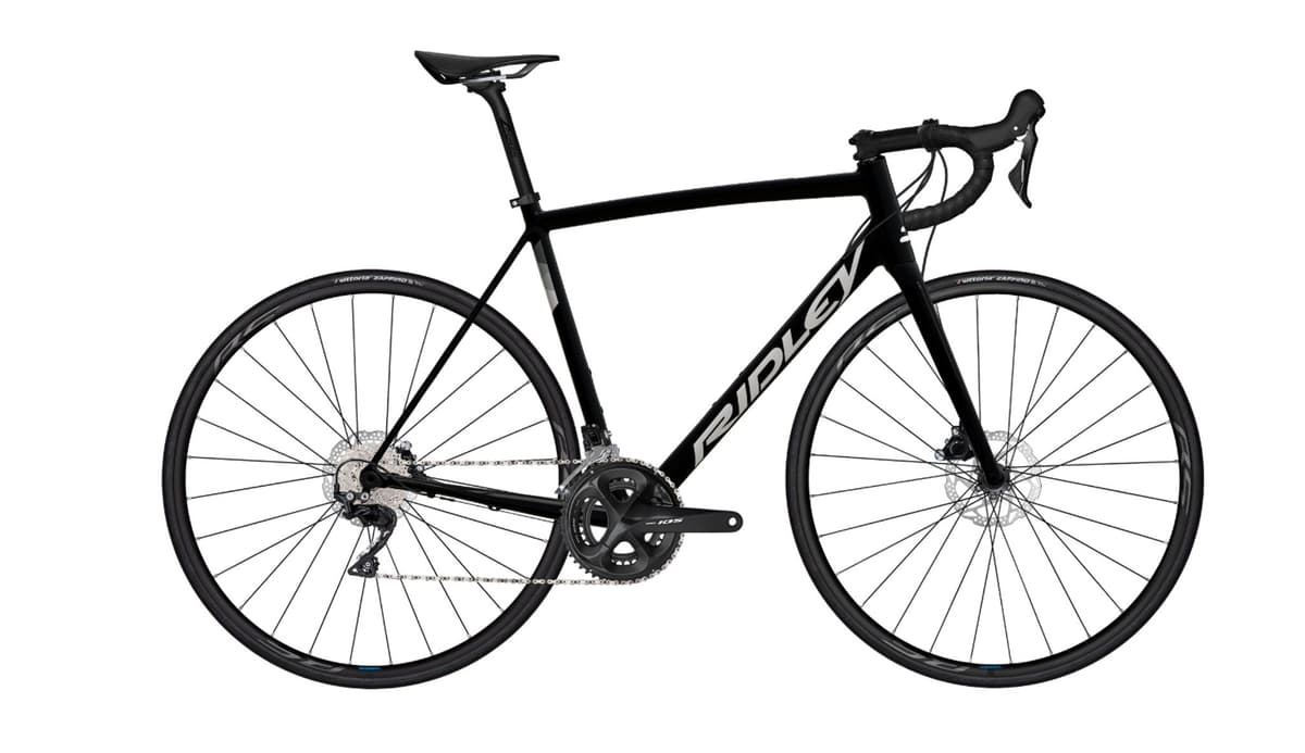 Black Ridley Fenix road bike with disc brakes on a white background.