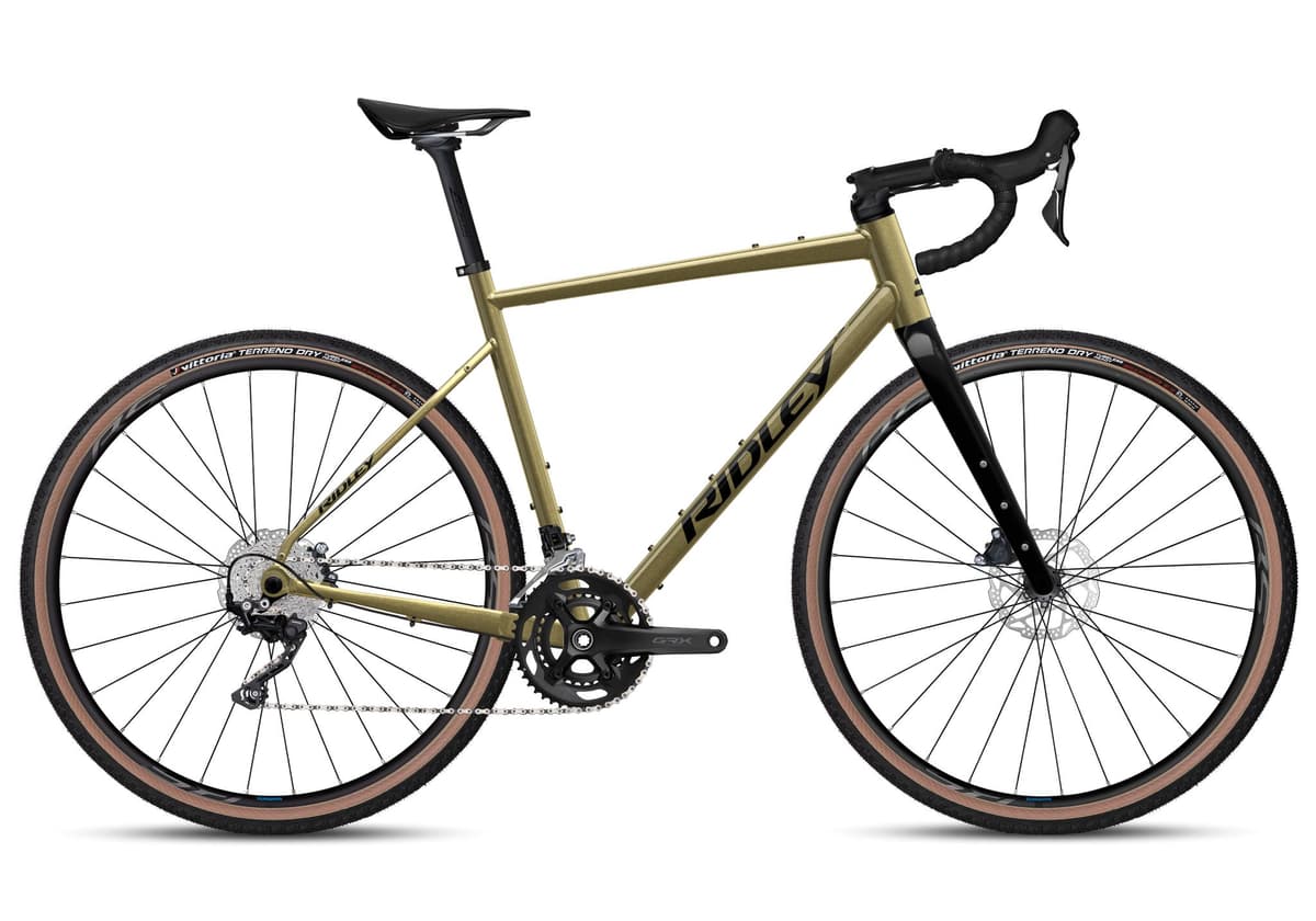 Ridley Kanzo Adventure gravel bike with a gold frame and black components.