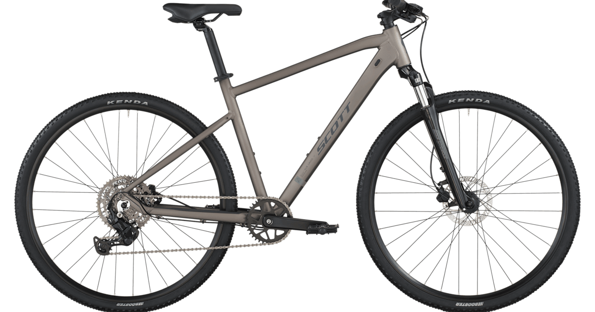 Scott Sub Cross hybrid bicycle in matte grey with front suspension and knobby tires.