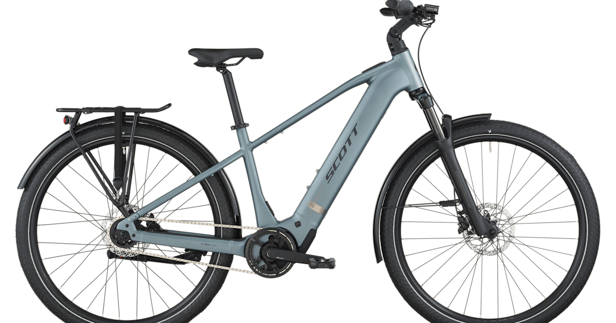 Scott Sub Tour electric trekking bike in grey with rear rack and mudguards.